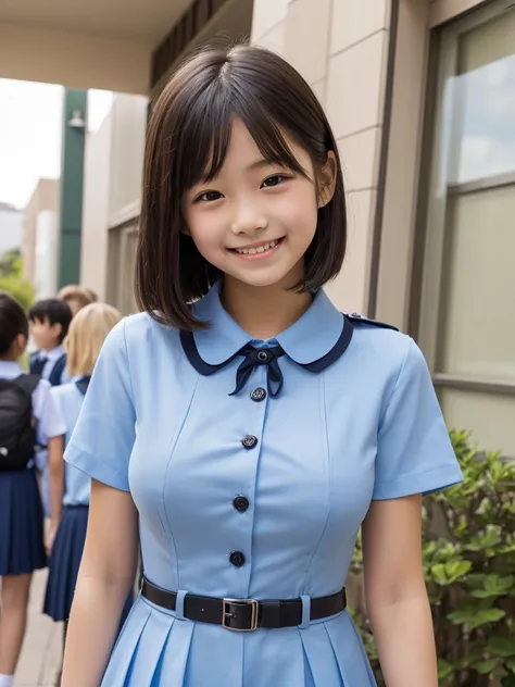 ( HD)、( high quality)、( short hair)、(tight, short-sleeved dress)、(Collared dress)、( dress with buttons on the chest)、( two Japanese girls )、(Big Breasts:1.3)、(smile:1.3)、(Young face:1.4)、( are small:1.4)、(uniform:1.3)、( elementary school students)