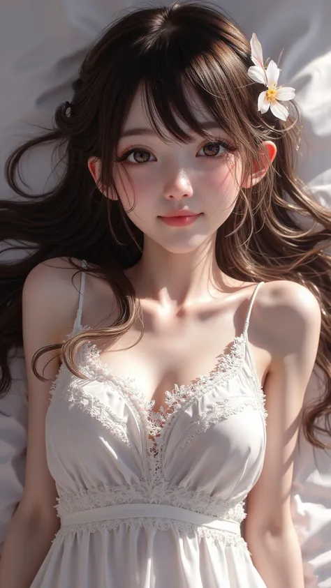 (masterpiece),(best quality:1.0), (ultra highres:1.0), (full body shot:1.2), detailed,
(lay down in bed:1.5),
cozy bed,
1 young girl, big smile,
(detailed eye:1.5),
detailed beautiful skin,face focus, (detailed face:1.5),looking at viewer, white dress, sle...