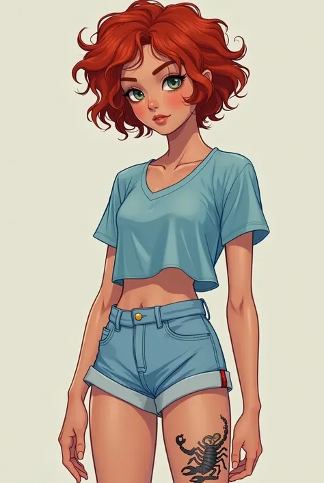  Make an image of a 17-year-old girl  , 1,60 tall ,  very short curly hair  , red in color, wearing light blue short shorts and a short blue baby drool blouse .  With a tattoo one of Sheylong on the left leg and the other of a scorpion on the right leg. Sh...