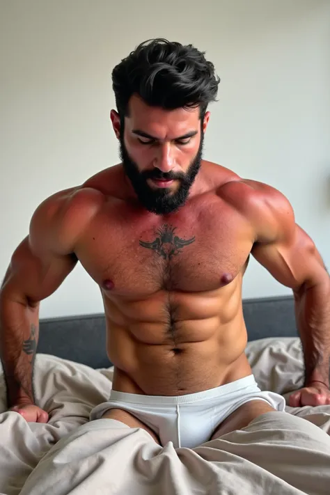 Strong young man, bearded and hairy man in white underwear doing sit-ups in bed.