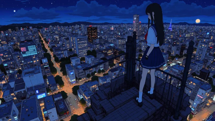 live-action、Genuine、 The cityscape of Osaka taken with a fisheye lens from a high place looks like a small planet、Osaka Castle、Illuminated night view、A cute and beautiful Japanese girl is standing on top of a tower 、School Uniform、 watches viewers