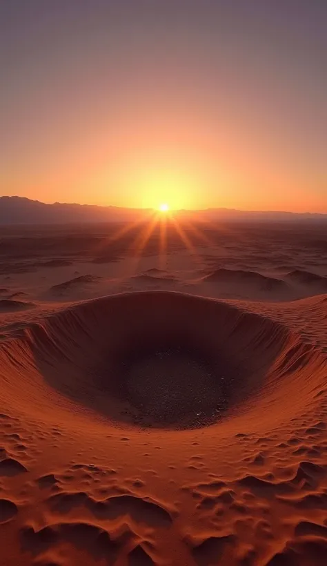 A wide shot of the Atacama Desert at sunset, with the meteorite's impact site in the foreground. The sand around the crater is magnetized, pulling small metal objects towards it in a subtle yet eerie manner.