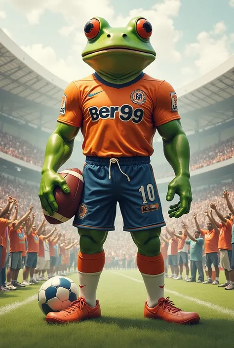 The head is a frog, the body is a man wearing a Ber99 footballer suit, a suit of watercolor, a big muscle, a big standing pair of balls, one ball, the background is a ball, and there are heaps of cheers standing around watching.