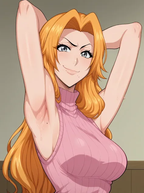 score_9, score_8_up, score_7_up, source_anime, anime screencap, 1girl, solo, rangiku matsumoto, long hair, grey eyes, orange hair, mole, mole under mouth, parted bangs, bare shoulders, bare arms, arm behind head, armpit, looking at viewer, head towards vie...