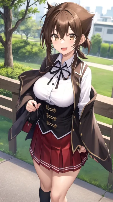 masterpiece, best quality, high quality, girl, solo, looking at viewer, issei_hyoudou, brown hair, brown eyes, hair between eyes, large breasts, black capelet, black corset, black ribbon, collared shirt, kuoh academy school uniform, long sleeves, neck ribb...