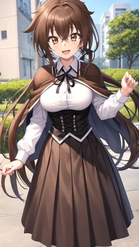 masterpiece, best quality, high quality, girl, solo, looking at viewer, issei_hyoudou, brown hair, brown eyes, hair between eyes, large breasts, black capelet, black corset, black ribbon, collared shirt, kuoh academy school uniform, long sleeves, neck ribb...