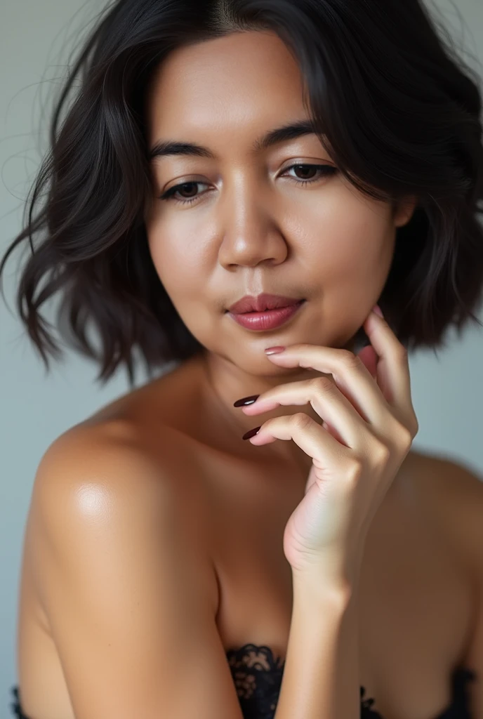 ((Masterpiece, High Quality, 8K, UHD, Hyper Realistic, Sharp Focus)). Extreme close up portrait of a seductive Malay mature woman. You have the image of a beautiful mature woman showing her beauty nails, touching his sexy lips, Make her acrylic nails color...