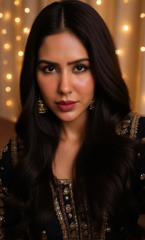 Half body portrait, unreal, wearing a black lehenga, full sized image, free flowing hair, chubby face, (selfie point of view), perfect face, black long silky smooth hair, long hair, most beautiful eyes, long hanging earrings, wedding bangles on both hands,...