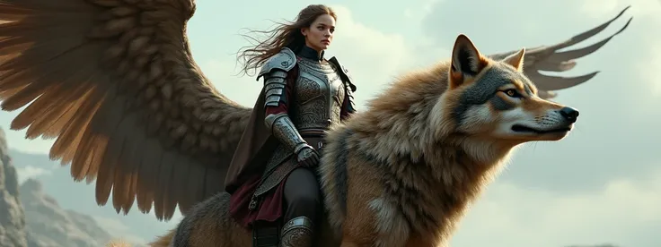 Young woman in battered medieval style armour riding a horse sized timber wolf with wings. (wings growing from shoulders of wolf:1)