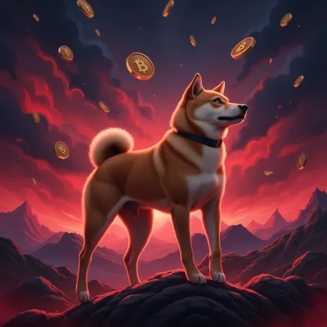 "An artistic depiction of a resilient Shiba Inu dog standing confidently on a graph amidst a stormy financial landscape. The background shows digital meme coin symbols and turbulent red market indicators, while the Shiba Inu remains strong, symbolizing sta...