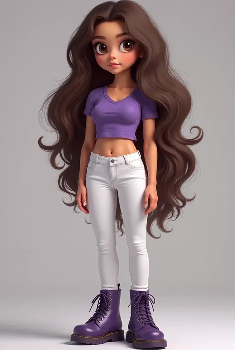 Beautiful 17-year-old teenage girl, huddled skin , long brown and wavy hair,Purple crop top , white jeans ,purple combat boots , big brown eyes , nose down , with thick legs, medium waist , medium breasts,realistic.