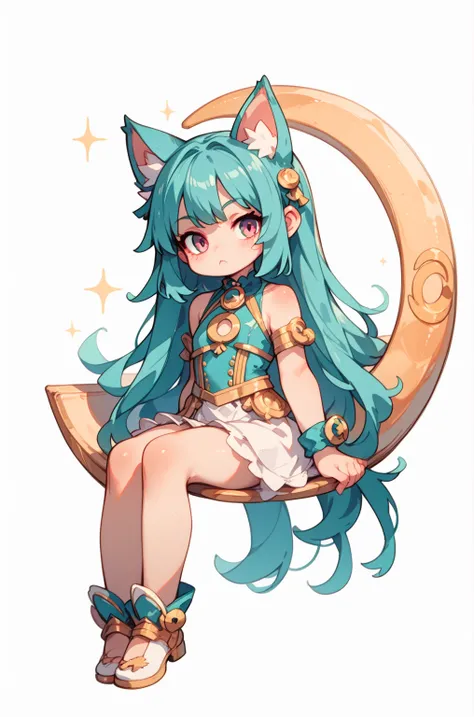  Masterpiece,  top quality,  amazing quality,   so aesthetic ,  high resolution,  Super Detail,   is ridiculous, Vision、universe、Big Crescent Moon、 1 girl( very young、Sitting on the moon)、Turquoise Hair(Cat ears、 long、 straight hair)