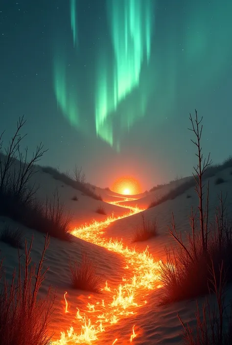 A path of fire at the beginning of the desert, Flaming undergrowth,  Northern Lights in the sky accompany this path. At the end of it there is a burning hole