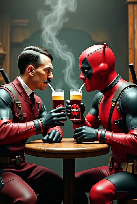 Adolf Hitler and Deadpool Borsodi drink bottled beer 