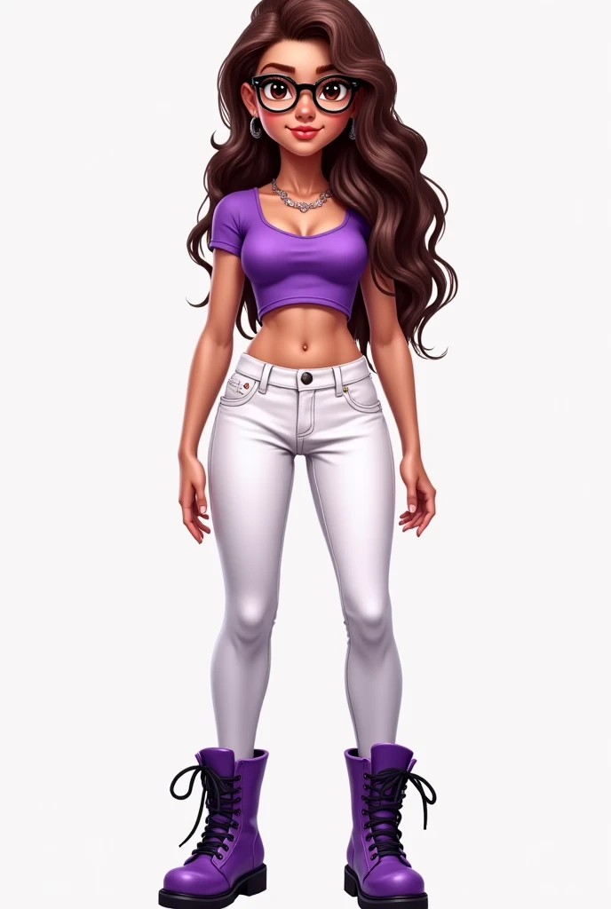 Beautiful 17-year-old teenage girl, huddled skin , long brown and wavy hair,Purple crop top , white jeans ,purple combat boots , big brown eyes ,magnifying glasses, nose down , with thick legs, medium waist , medium breasts, realistic illustration .