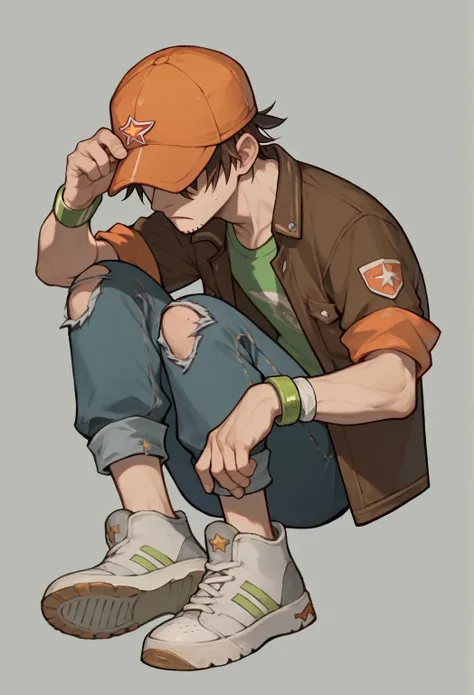 WadeKB , 1 ,  brown hair,  orange cap over the eyes
Short sleeve brown jacket with yellow open collar, yellow short sleeves rolled up ,  light green shirt
white bracelets
ripped jeans
grey white shoes 
