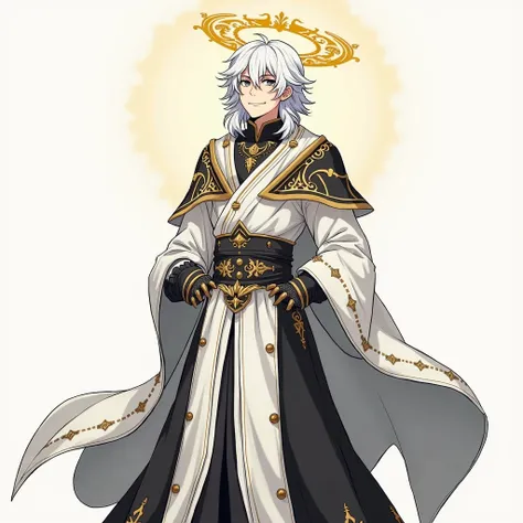 create a hip level image, anime style, of one, tall lean, athletic, adult, japanese, human male, with medium, wavy, white hair, and black irises, wearing full body, white (with black embroidery and outlines), fantasy, mage robe armor, smiling, add a golden...