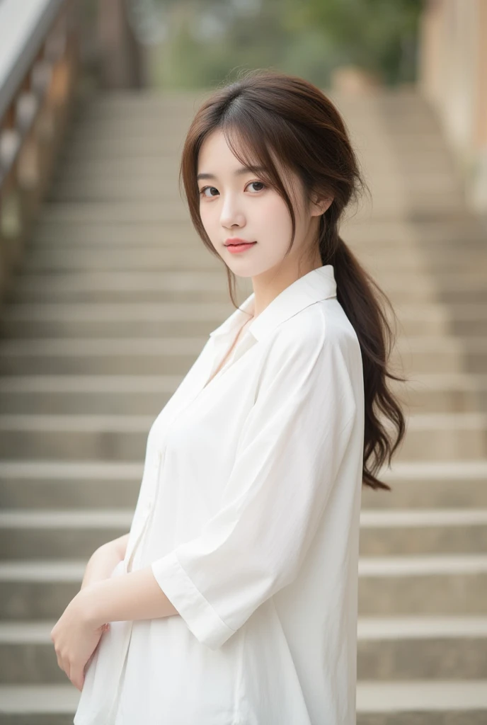 A beautiful Korean woman, about 20 years old, brown hair, tied up, wearing a long white shirt, not wearing a skirt, walking up the stairs.  