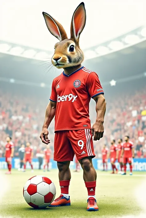 The head is a rabbit, the body is a man wearing a Ber99 footballer suit, a suit of watercolor, a big, muscular, standing pair of balls, one ball, the background is a ball, and there are many standing cheers watching.