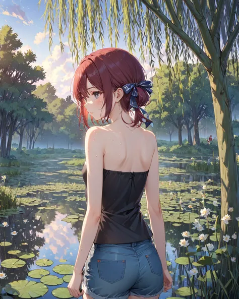 score_9, score_8_up, score_7_up, 1girl, solo, close up, back view, walking under willow trees, low twin tails, gray eyes, dark red hair,  (((long swept bangs))), thin, close up, small breasts, (((strapless))), ((strapless loose sleeveless shirt, black shir...