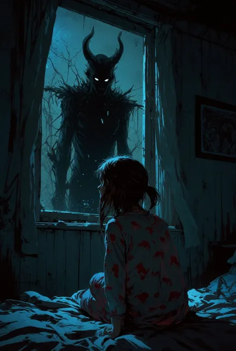 ". The girl is sitting on top. Bed in pajamas ,  Her posture is tense with fear..   She looks up in worry , The mirror .  dark room ,  casts a shadow on the wall . Through the window ,   with a black shadow of a devil-like body ,  , with glowing eyes and t...