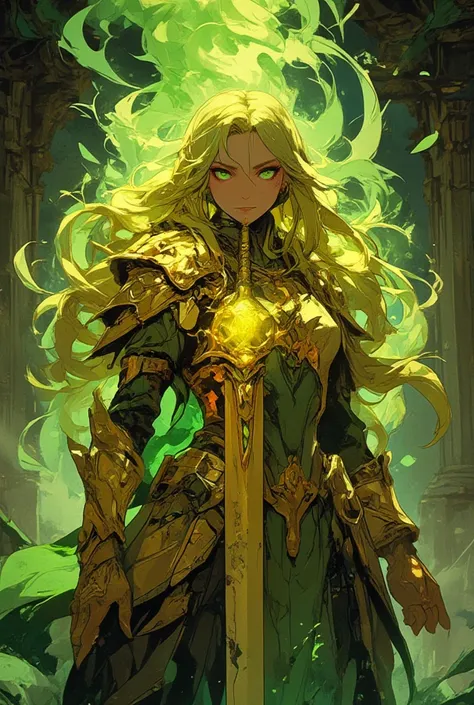 Beautiful golden-haired princess , eyes shining in a green flame,   wears divine golden armor and a golden sword with a shiny blade,  Curvy blonde full body   