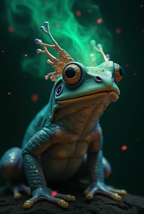 A cinematic dark fantasy image logo of "TIWIWIT IN PWAGI " in a bold, elegant font. The background is dark, with VIOLET green and gold smoke. A mesmerizing 8K masterpiece by 44INCH captures an ETHEREAL FROG with an enchanting aura. She is adorned with a ca...