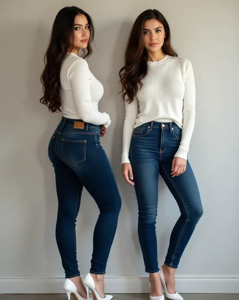 28 and 23 year old sisters 　American Beauty　 big bust,  the waist is not too thin   ,  big butts　 Natural Body,   white tight ribbed knit sweater,   dark blue tight skinny jeans  　The inseam is shallow ,  white high heels　Toes　 are high resolution ,    ana...