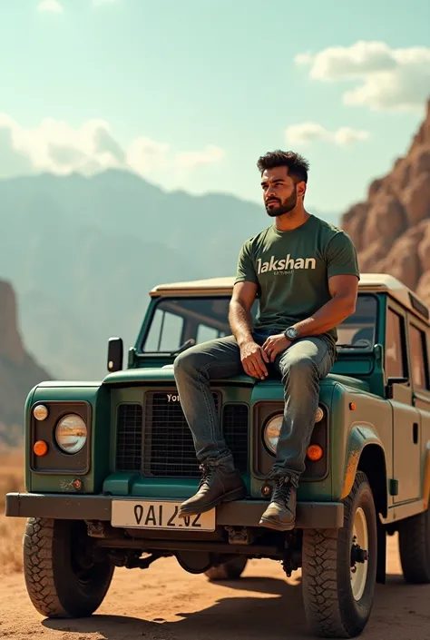 There's a Land Rover Defender with a handsome guy sitting on the bonnet, and his T-shirt should say "Lakshan". 