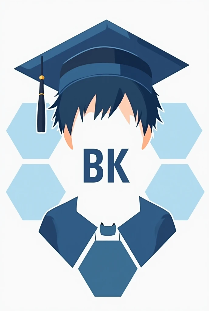 Anime boy wears a graduation hat of a school icon has 4 hexagons, 1 large inside is white, other 3 hexagons cover the large one, the left mid hexagon is blue, other right mid is dark blue and a "BK" dark blue big text in the central of the large hexagon