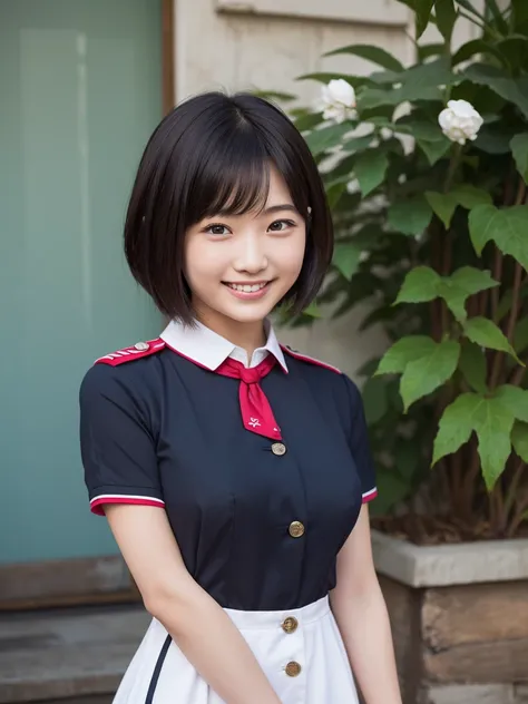 ( HD)、( high quality)、( short hair)、(tight, short-sleeved dress)、(Collared dress)、( dress with buttons on the chest)、( two Japanese girls )、(Big Breasts:1.3)、(smile:1.3)、(Young face:1.4)、( are small:1.4)、(uniform:1.3)