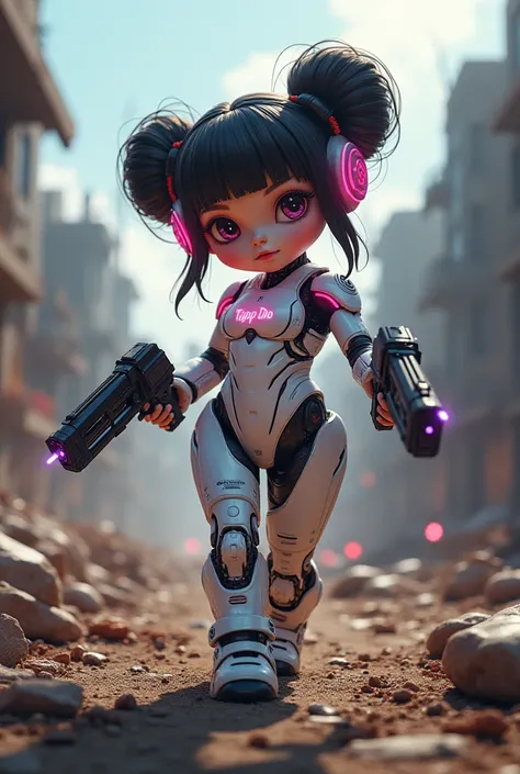 Futuristic cute AI girl holding mini gun on both hands with tapp dao written on chest and a battle field background 