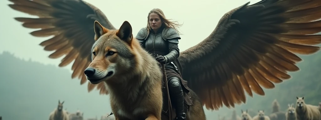 Young woman in battered medieval style armour riding a horse sized timber wolf with wings. (wings growing from shoulders of wolf:2), wolf paws, long shot, leaping over allies to attack enemies, high quality, photo-realistic, 8K UHD