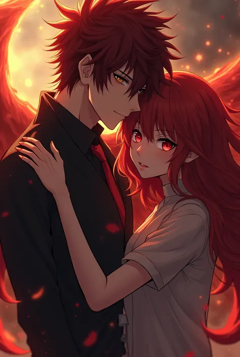 anime twins. Brother hair in dark red peaks ,  eyes red like fire and taller than the sister.  Sister long hair fiery red intense , fire red eyes , half angel half demon 
