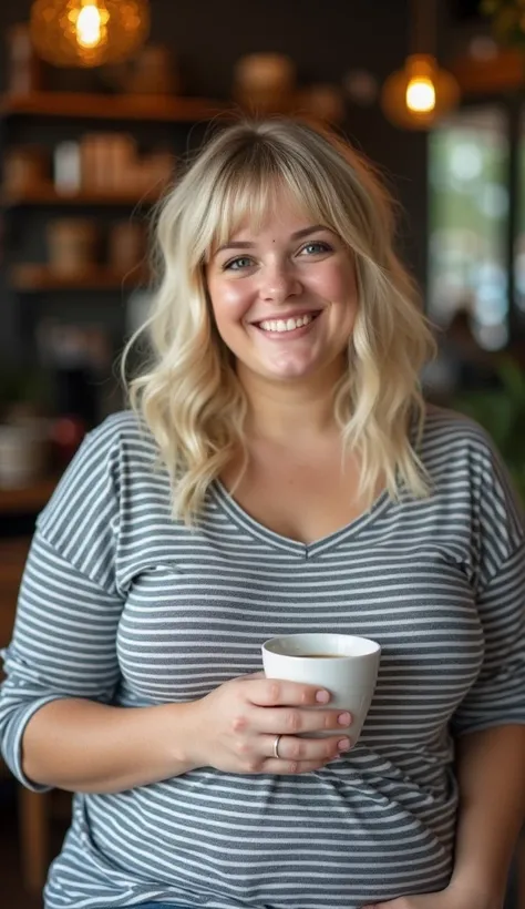 A fat young woman with big breasts and blonde hair. Roar and bangs haircut .  She is wearing a gray striped top and is curvy .  Her stomach is thick

She is sitting in a coffee and looking at the camera with a smile. 

Fine freckles 