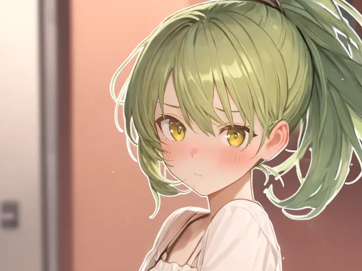 Green hair, ponytail, yellow-green eyes, top quality,blush,shame,Annoying appearance