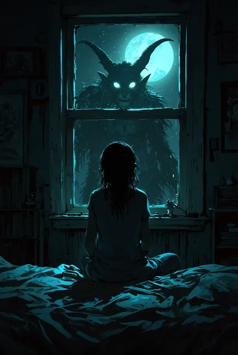 ". The girl is sitting on top. Bed in pajamas ,  , her posture tense, and her eyes widened with fear..  , she turned her back to look with concern , The mirror .  dark room ,  casts a shadow on the wall . Through the window ,   with a black shadow of a dev...