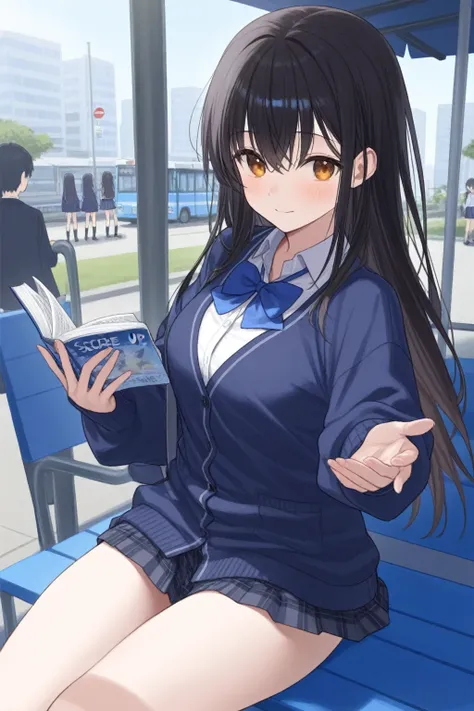 ( Masterpiece,  top quality:1.2), City　 high school girls are waiting at the bus stop　　Above is a dark blue cardigan 、 moe sleeve　The bottom is a navy blue pleated skirt　Neat black hair、Amber Eyes、 long hair、 glossy black hair 、Pay attention to the thighs、...