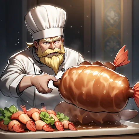  Shrimp, is eating big boned meat,  Western Face,A splendid blond beard,Chef&#39;s hat, HD