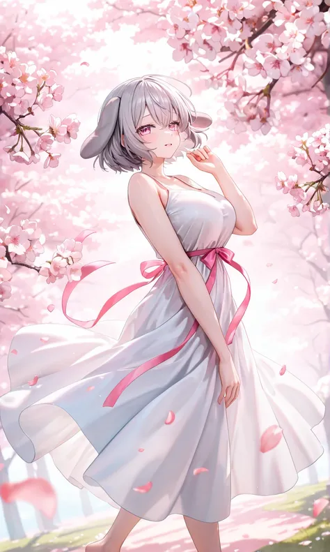  gray hair,  short hair, droopy gray puppy ears,  pink ribbon , slightly large breasts,  pink eyes, Barefoot,  white dress , Cherry blossoms, spring, petal, A sunny day ,  illustration