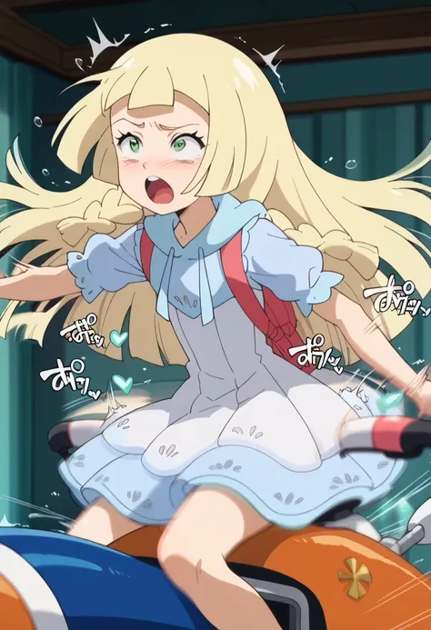  Masterpiece, high resolution, top quality,8k((anime screencap,anime coloring))
(lillie,young,blonde hair,blunt bangs,green eyes,long hair)
(riding a rodeo machine)

((trembling,bouncing,motion blur))
(rolling eyes)
(Heart bubble)
(sound effects)
