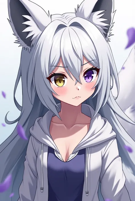  serious and cold adolescent anime woman with white skin white hair with purple tips golden right eye and blue left eye fox ears and tail and gray wings, full body animation style image Boku No Hero Academia background U .a 