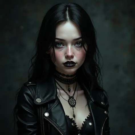 Ultra realistic, super realistic , lifelike, black metal princess , girl, rockstar, perfect hourglass body, perfect breast, full hight body shot, freckles, braces with the text “Black Metal Barbie on the neck