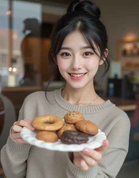 (A super cute Korean female college student is eating delicious cookies、Hold it out to the camera :1.2)(Grinning,smile:1.2)( I'm happy:1.1)(16k,  RAW photos ,  top quality,  Masterpiece: 1.2),( cute bun hair with glossy black hair )  Super Detail,  Super R...