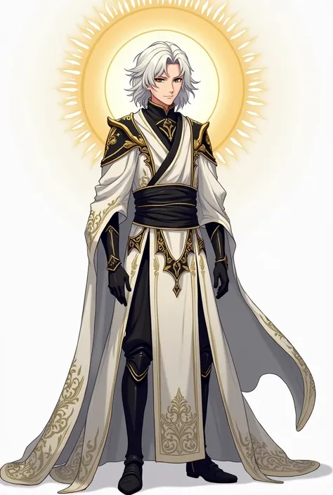 create a hip level image, cartoon anime style, of one, tall lean, athletic, adult, japanese, human male, with medium, wavy, white hair, and black irises, wearing full body, white (with black embroidery and outlines), fantasy, mage robe armor, smiling, add ...