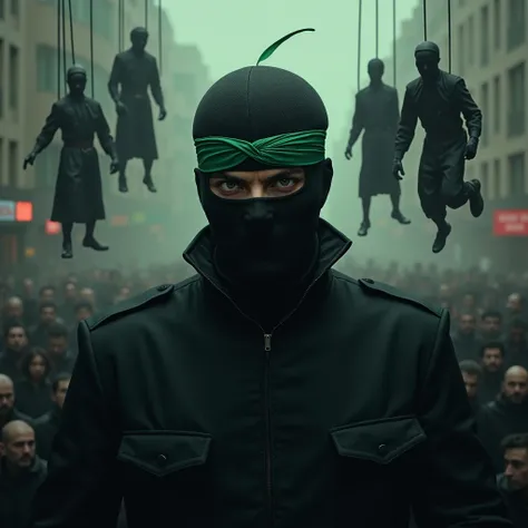 create a man dressed as a black soldier with a black mask that covers his entire face, with a green band tied AROUND his forehead, with an evil look in his eyes,hand he plays puppets on top of a crowd 