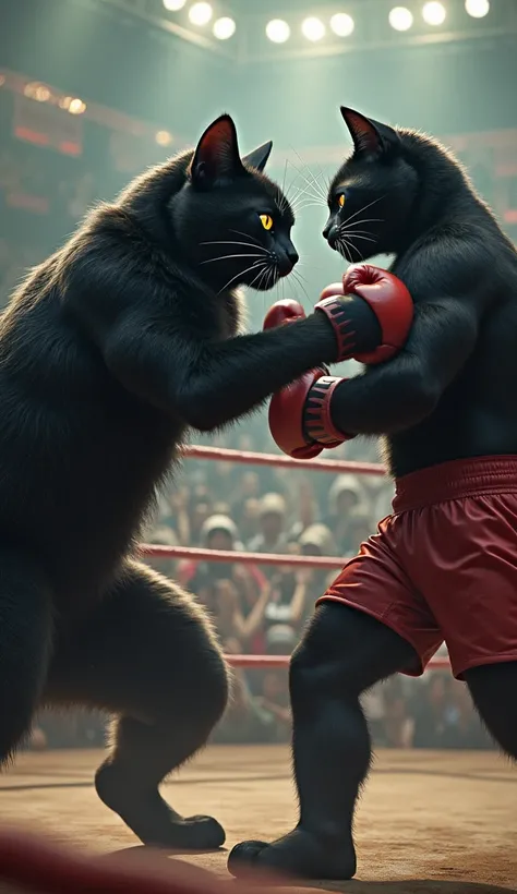 A strong black cat in the boxing ring beating the other cat in company 