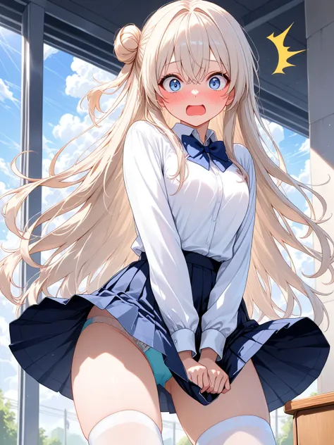 ((masterpiece, best quality, ultra-detailed character)), 1girl, platinum blonde hair, very long hair, single side bun, light blue eyes, school uniform, white thighhighs, panties, skirt lift, wind lift, covering crotch, skirt tug, surprised, embarrassed, pe...