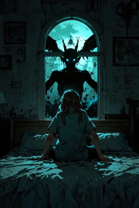 ". The girl is sitting on top. Bed in pajamas ,  , her posture tense, and her eyes widened with fear..  , she turned her back to look with concern , The mirror .  dark room ,  casts a shadow on the wall . Through the window ,   with a black shadow of a dev...