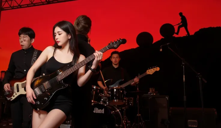  face close-up、 brighten a woman's face 、 sexy and bold pose 、 beautiful woman with long dark hair playing a black electric guitar alone 、 wearing a black minidress without sleeves 、 se electric guitar in the back、 electric bass and drums 、 3 men wearing b...